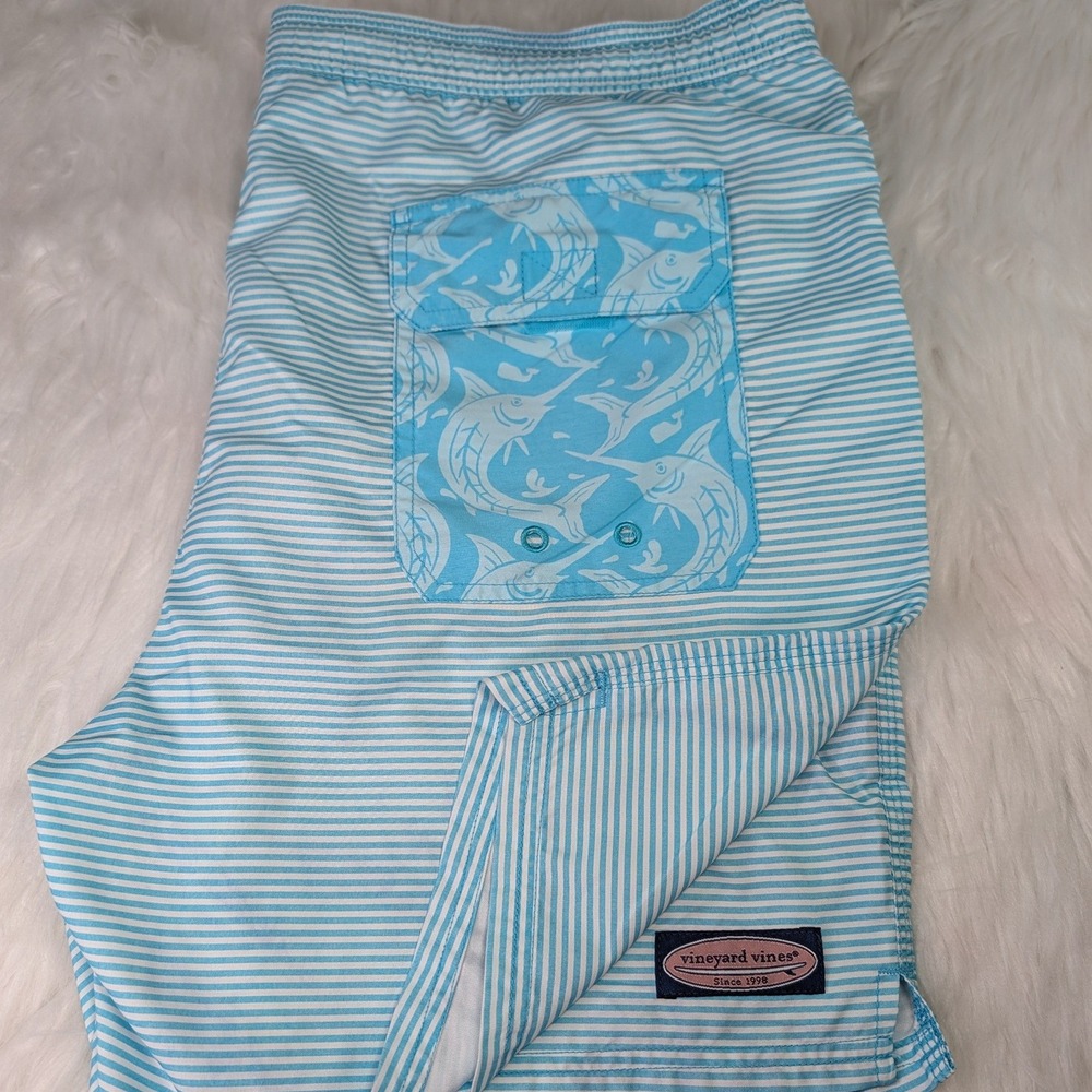 Vineyard Vines Swim Trunks Mens Large Blue Striped Marlin Patch Pocket Shorts